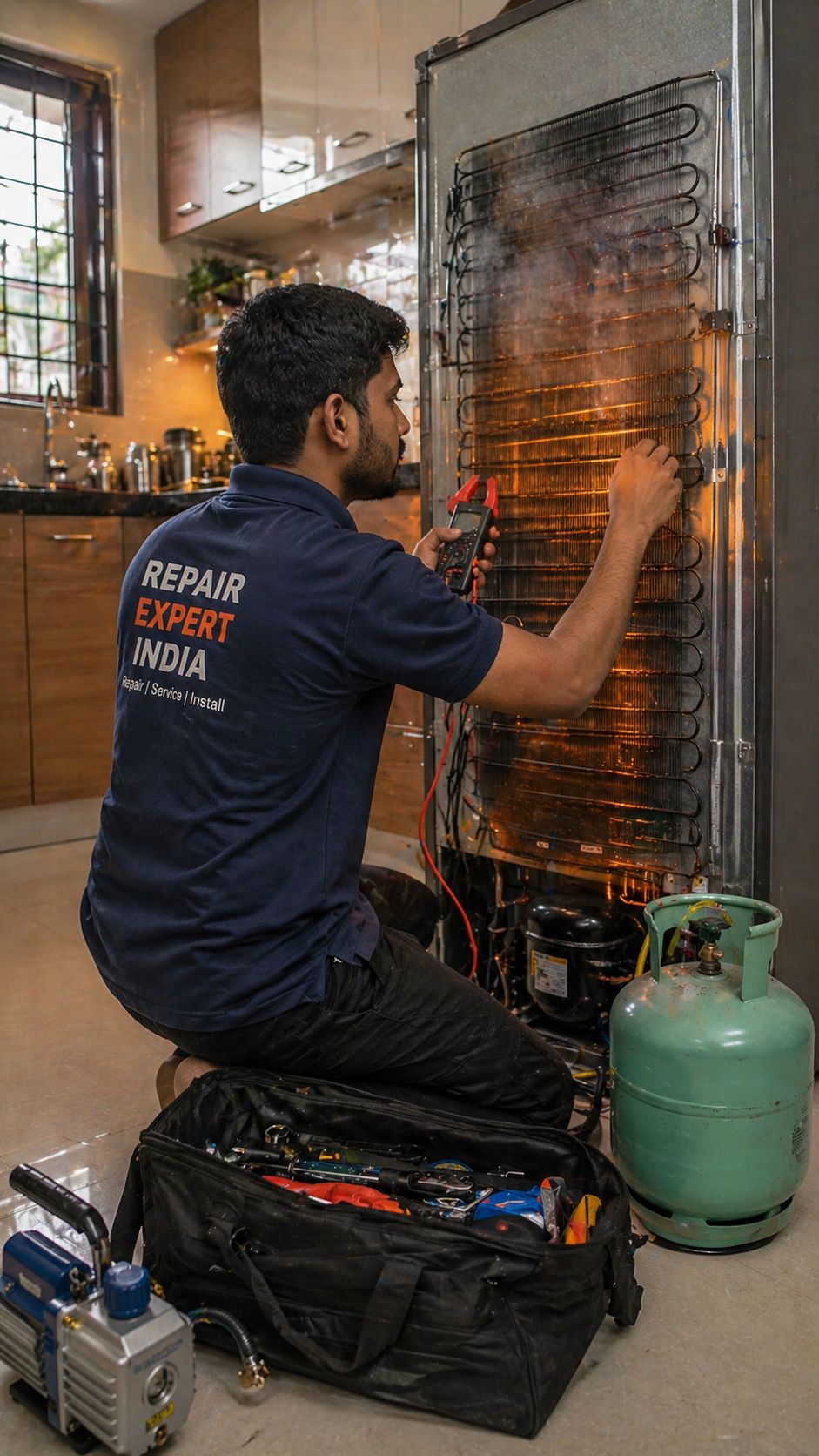 Refrigerator compressor overheating problem checked by technician