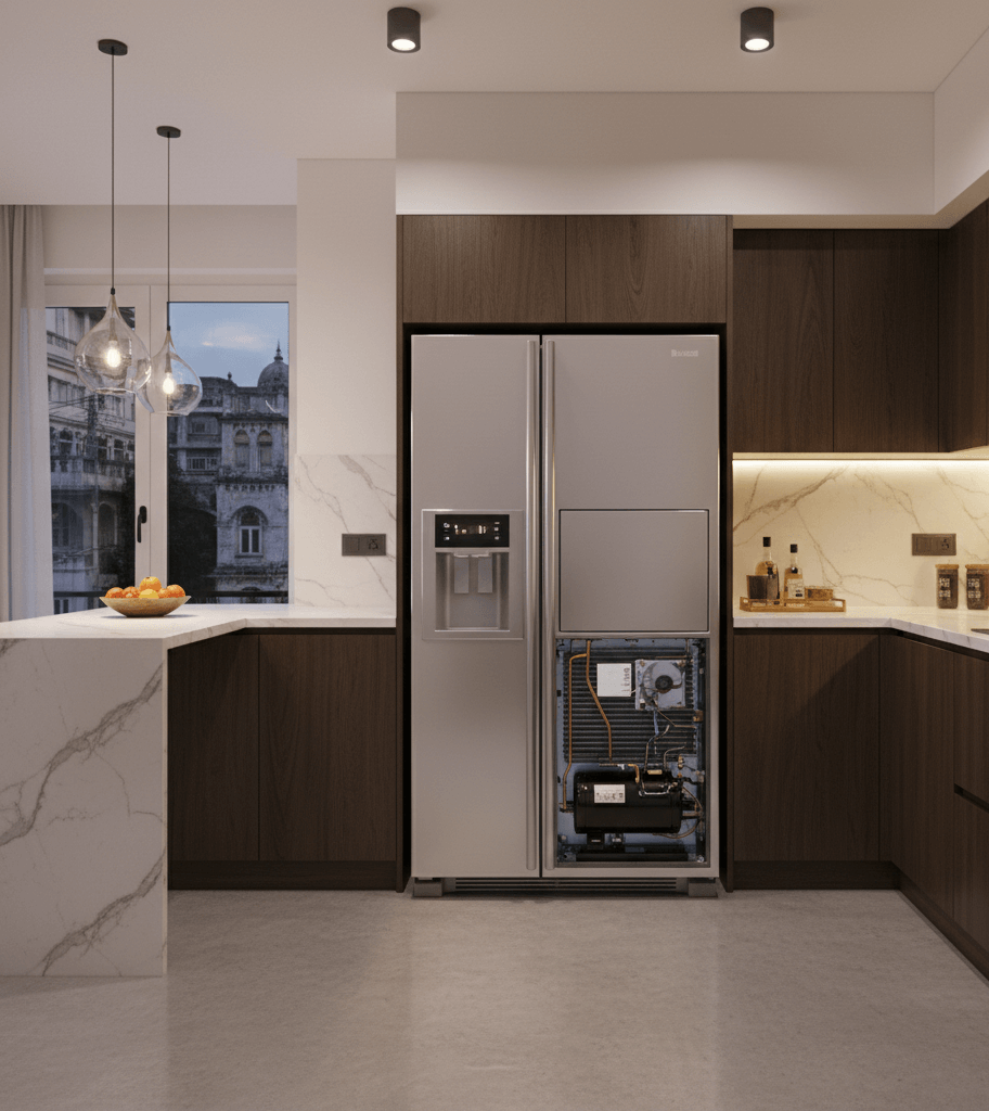 technician checking fridge compressor in a modern Kolkata home
