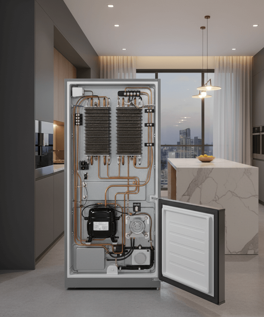 refrigerator back side showing compressor area in a Hyderabad luxury home