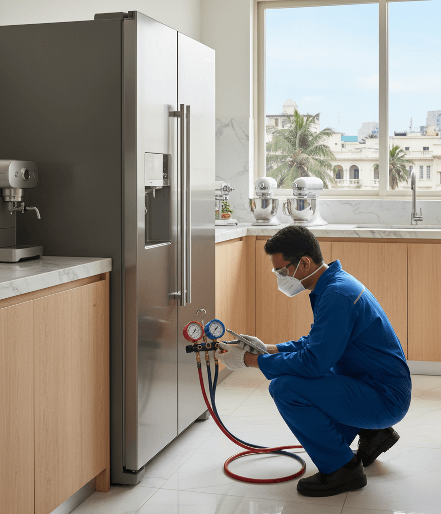 Technician checking fridge short cycling issue in Hyderabad