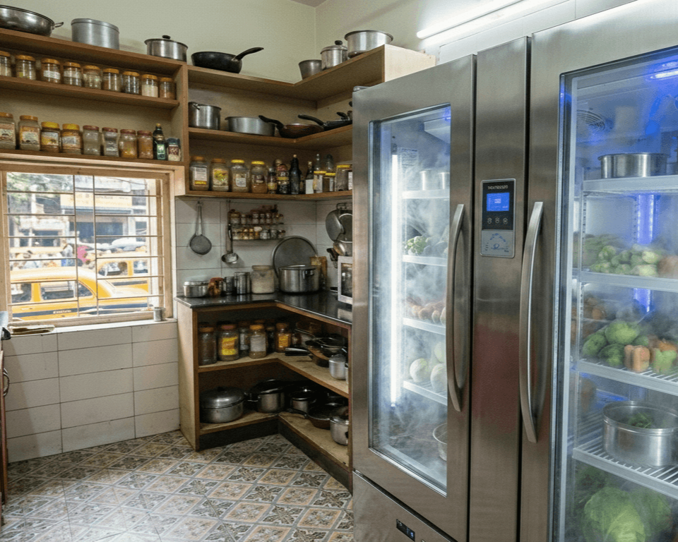 A modern refrigerator inside a premium Hyderabad apartment kitchen (Gachibowli/Jubilee Hills style), showing fast cooling airflow, clean shelves, and a cool blue environment. Realistic, bright, clean look.