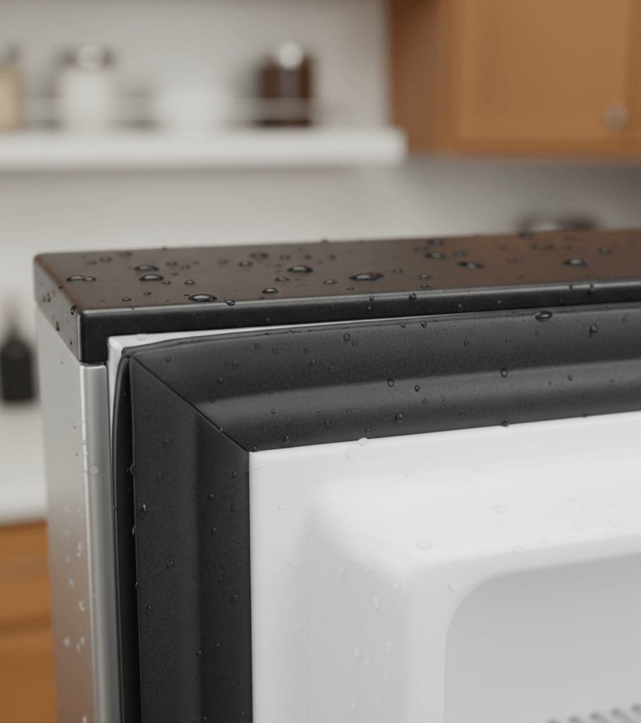 Refrigerator door gasket with moisture that can lead to frost build-up.