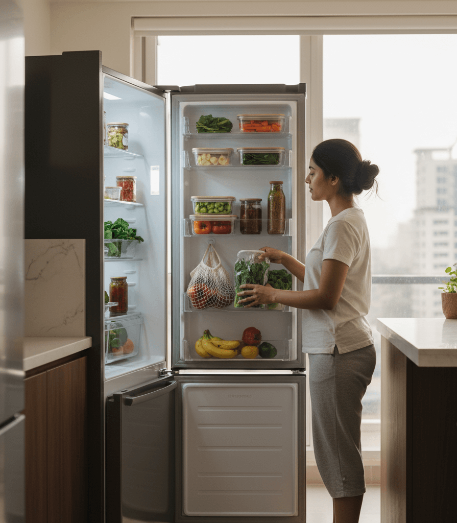 woman organizing fridge for better cooling in Hyderabad summer