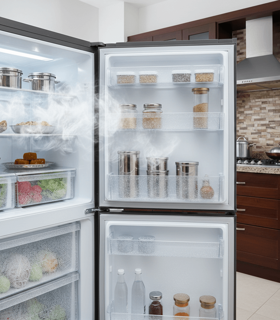 Light frost forming inside a freezer due to moisture entering the fridge.