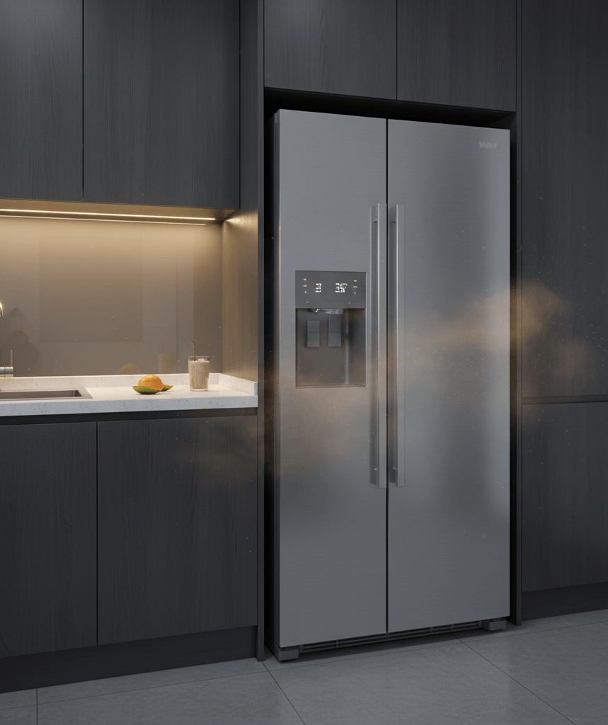 “Refrigerator vibrating at the bottom inside a hyderabad apartment kitchen”