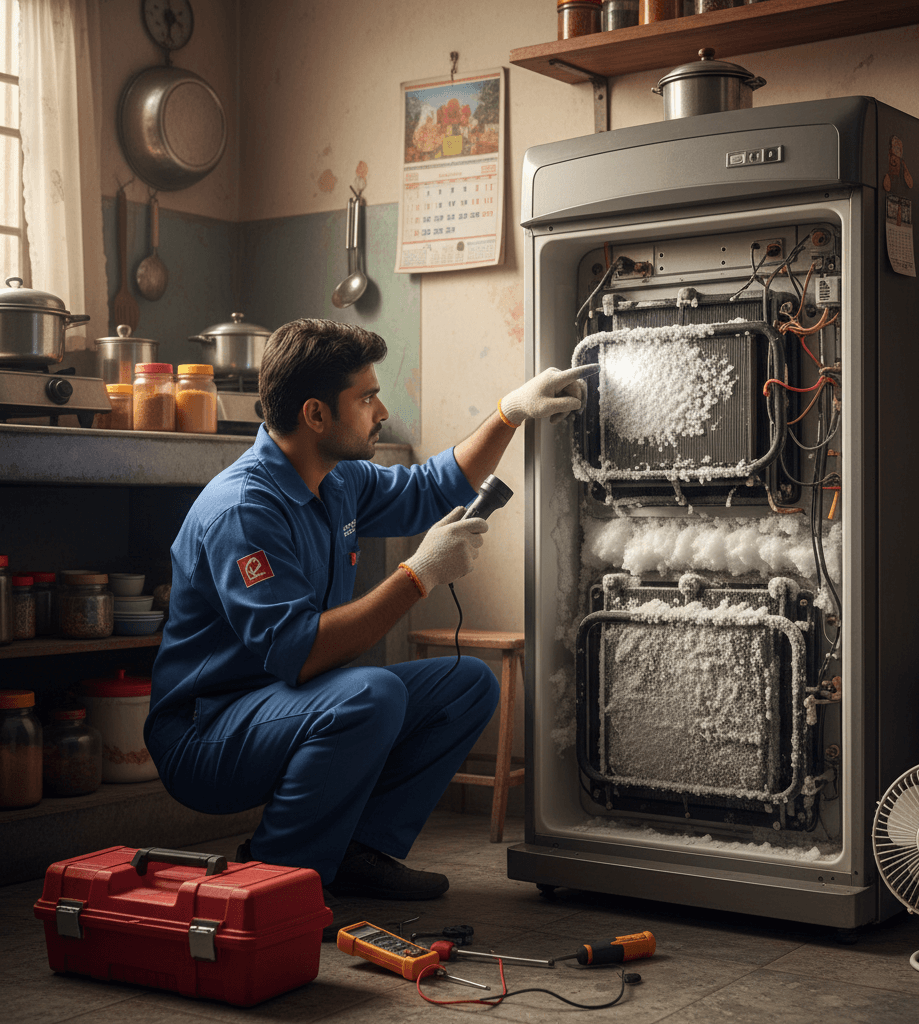 Technician inspecting frost build-up inside a refrigerator during a repair check.