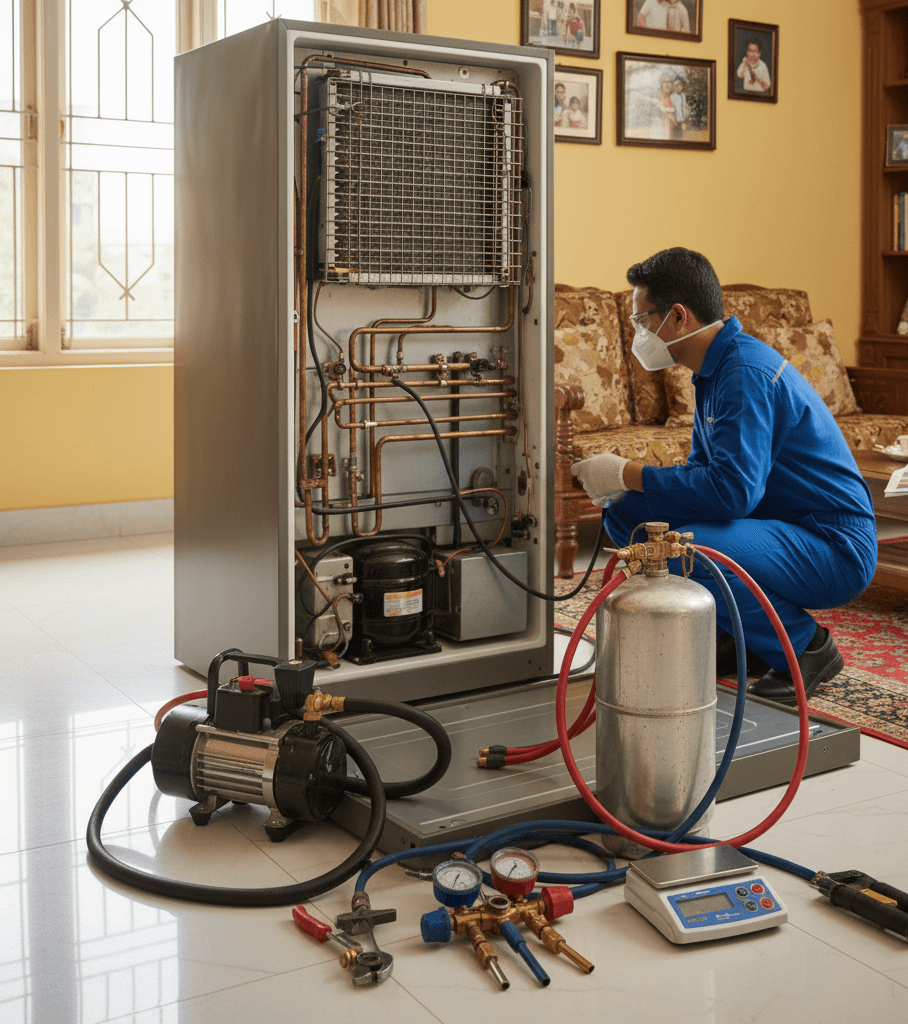 Refrigerator cooling problem being checked by technician