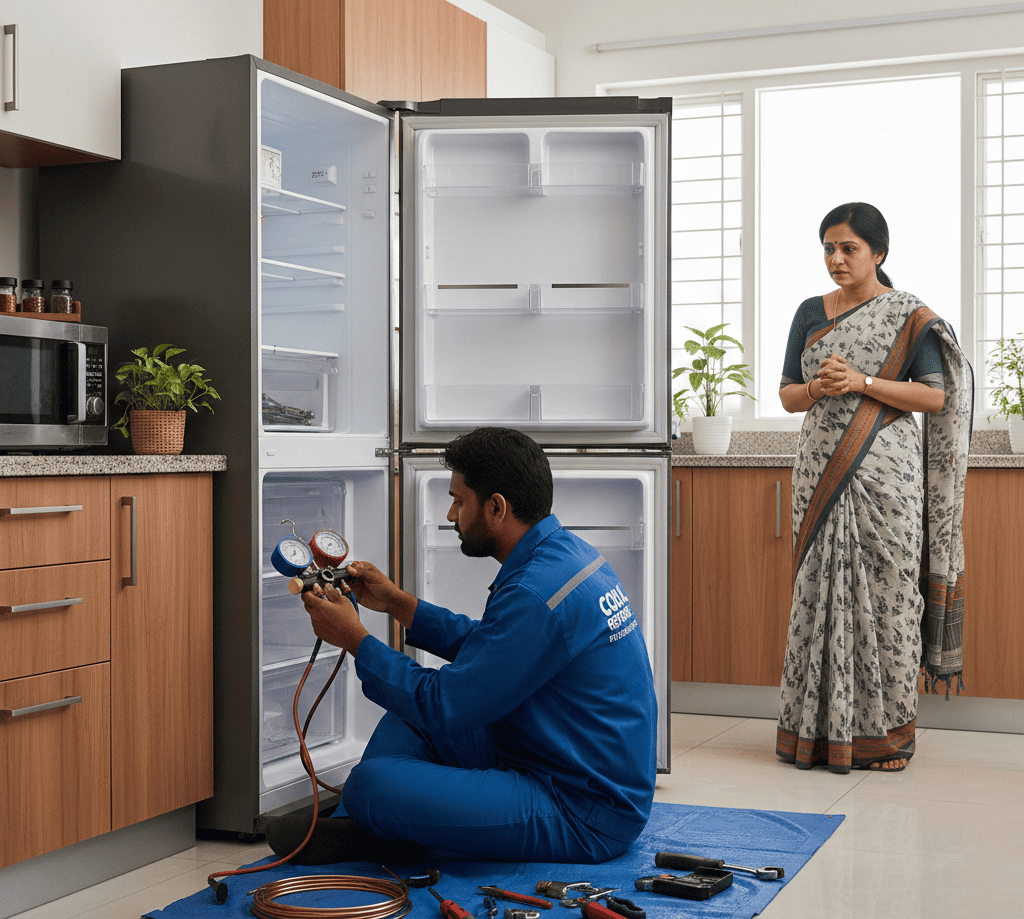 Indian technician checking fridge gas for cooling problem in Hyderabad home