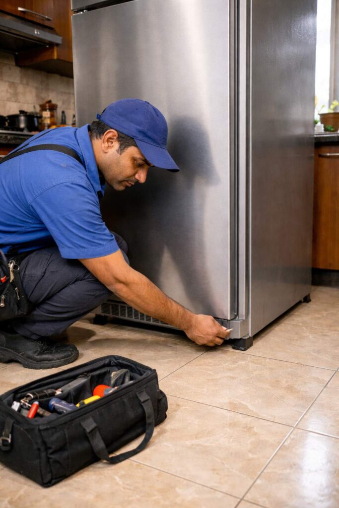 Technician adjusting refrigerator leveling legs to stop vibration in Kolkata
