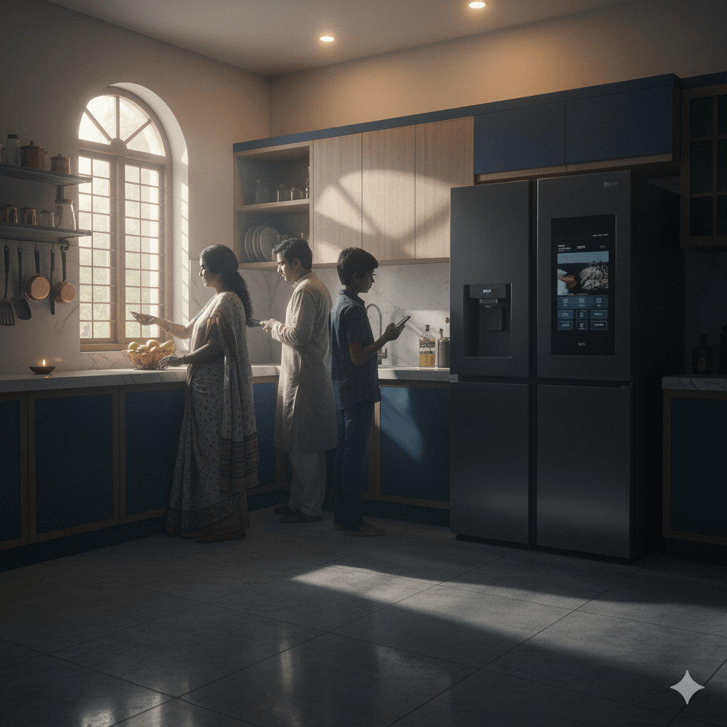 Modern kitchen in Hyderabad during power cut with fridge closed to preserve cooling.