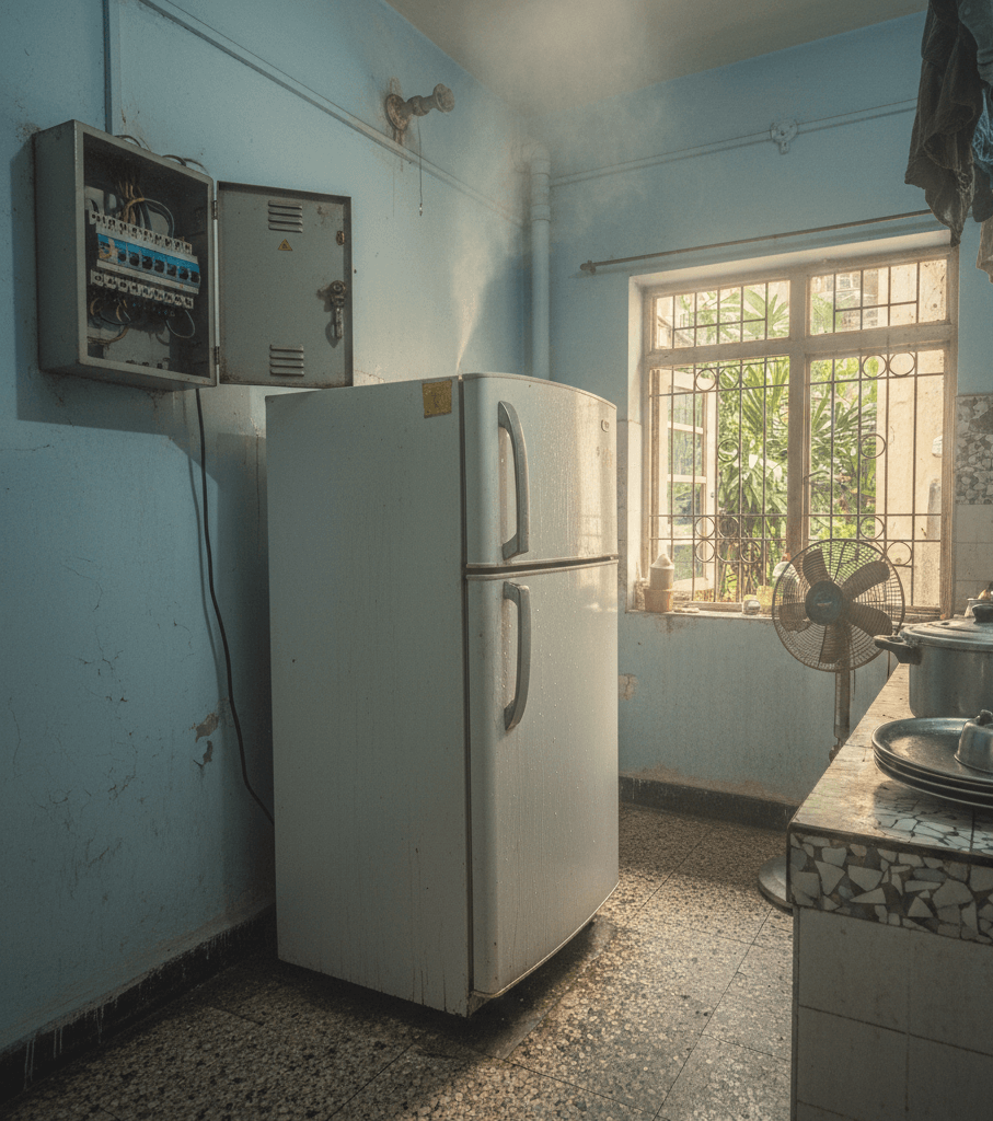 Refrigerator causing a power safety shutdown due to electrical imbalance.