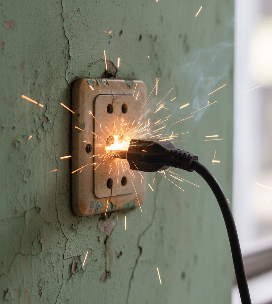 Fridge plug and socket showing signs of electrical overload or sparking.