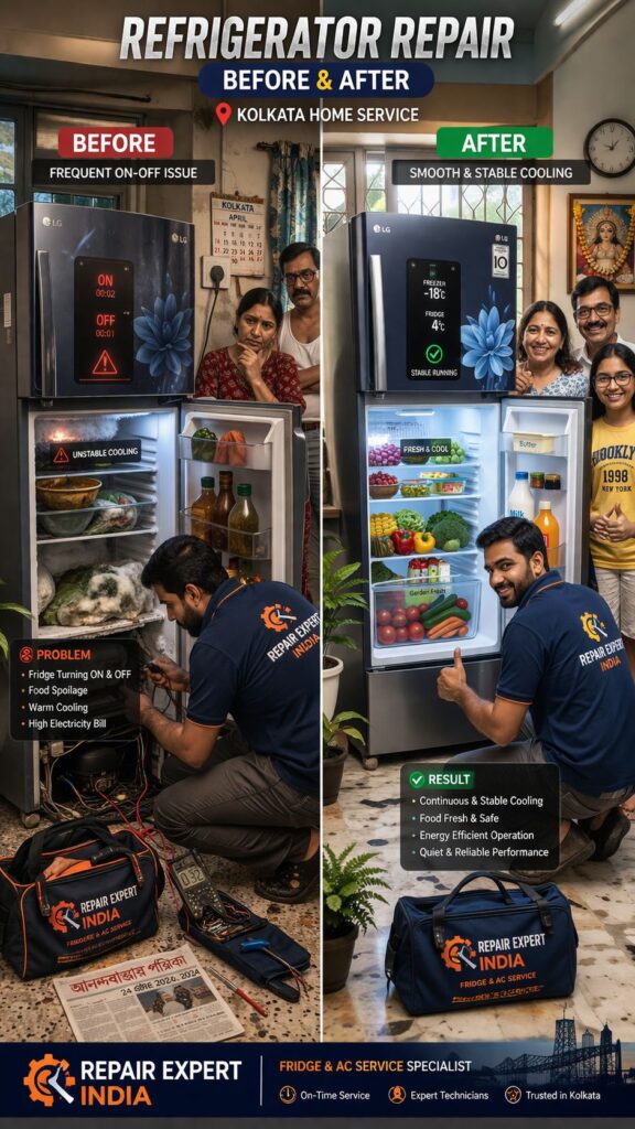 Before and after fridge repair in Kolkata showing on off problem fixed