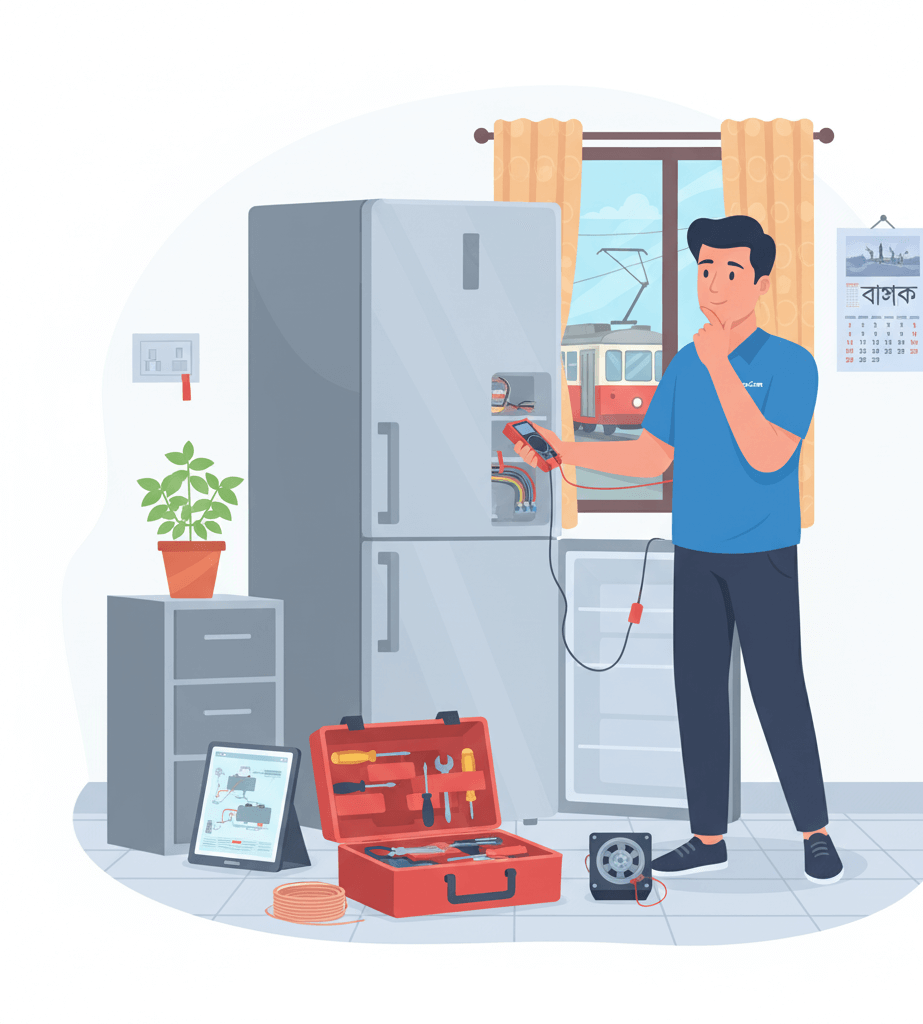 Fridge repair technician servicing refrigerator at Kolkata home