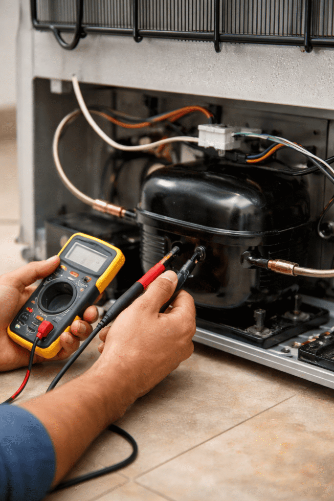 Fridge repair technician near me inspecting refrigerator compressor at Kolkata home