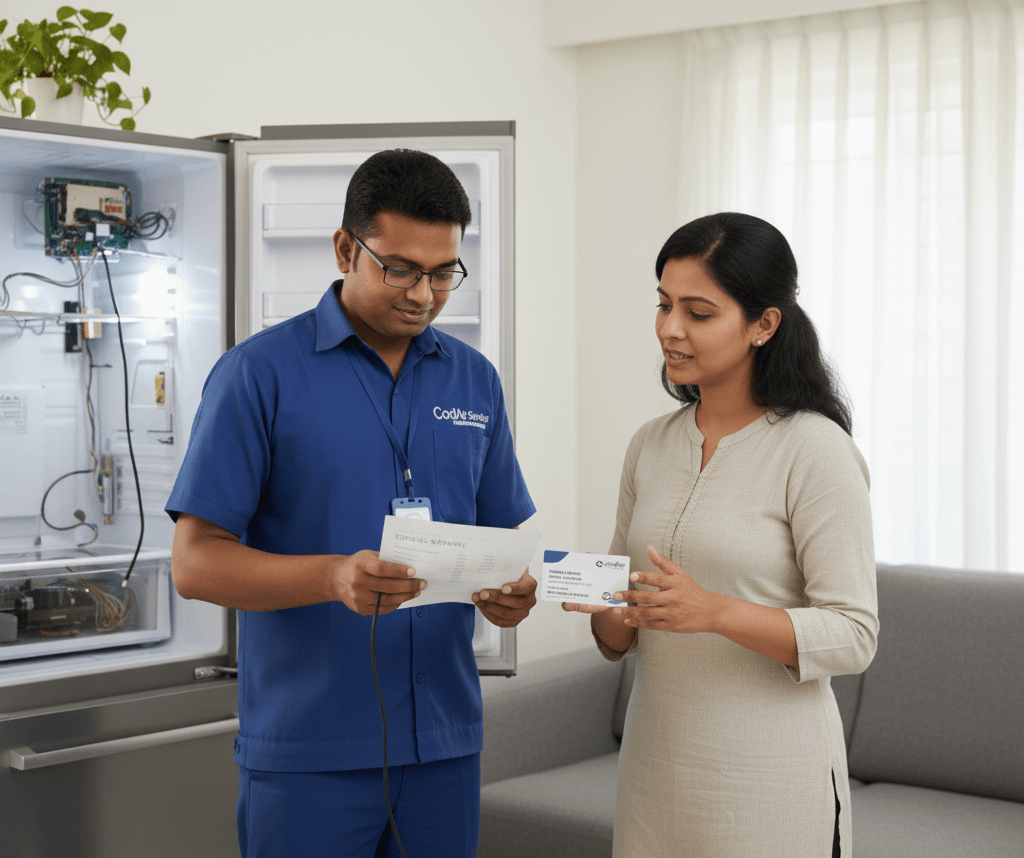 Authorized fridge technician showing ID card in Hyderabad