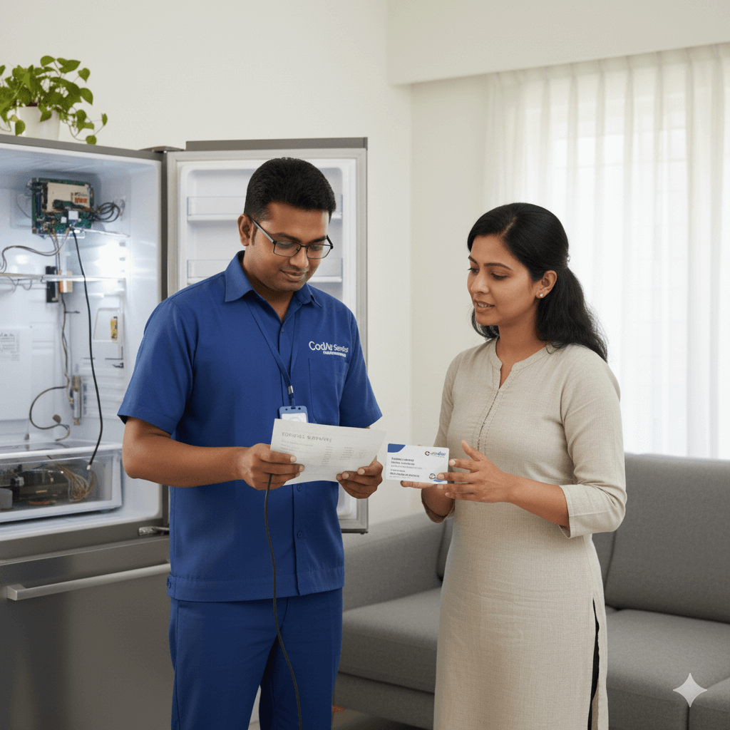 Authorized fridge technician showing ID card in Hyderabad