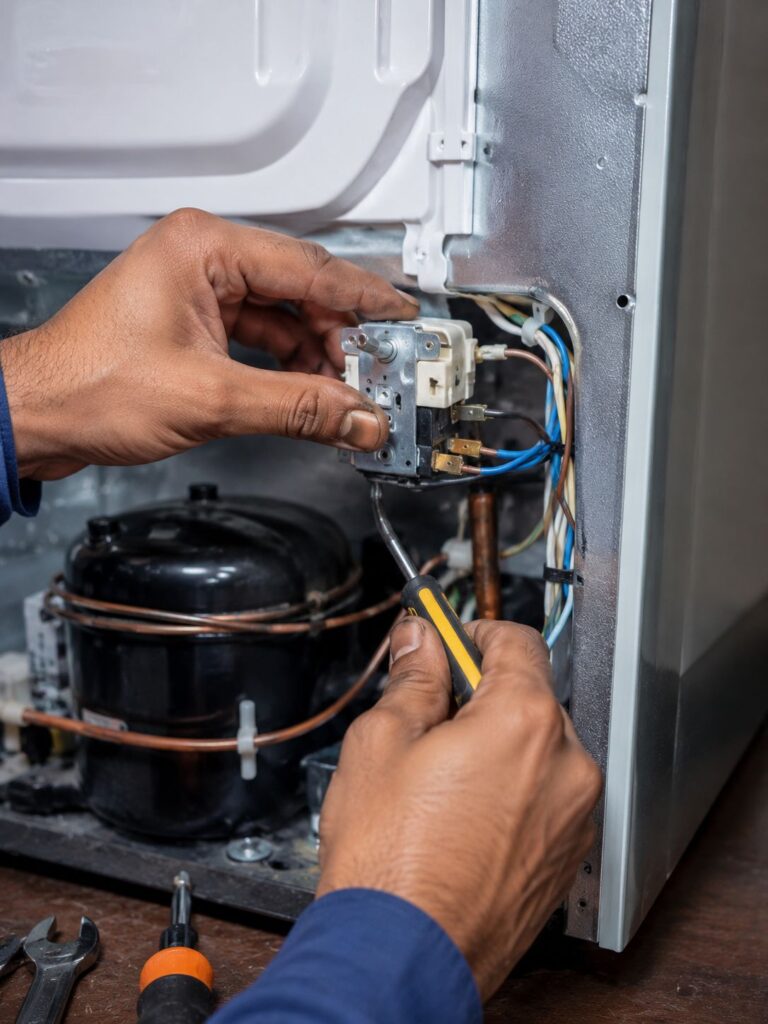Same-day fridge thermostat repair service in Hyderabad by trained refrigerator technicians.