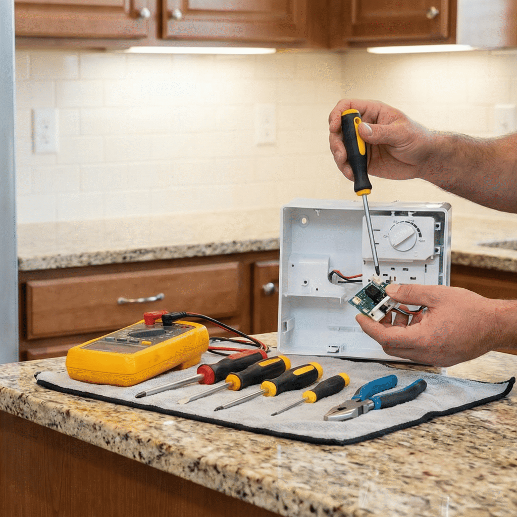 Technician showing the thermostat location inside a double-door fridge.