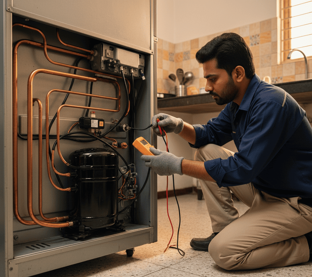 Fridge freezer not cooling while the light is on in a Hyderabad apartment kitchen