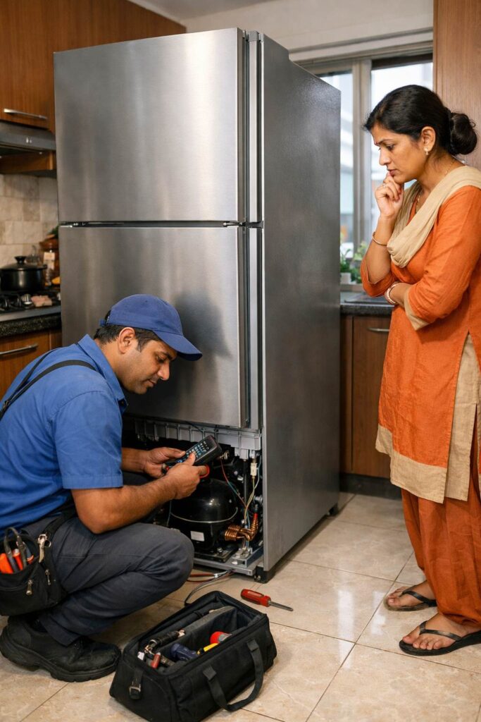 Technician inspecting vibrating refrigerator in Kolkata home kitchen