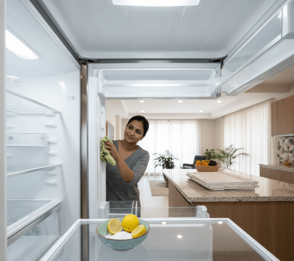 Open fridge showing food items removed for cleaning to eliminate odour, Hyderabad apartment background.