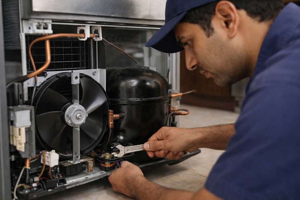Indian refrigerator repair technician fixing compressor mount and condenser fan at Hyderabad home