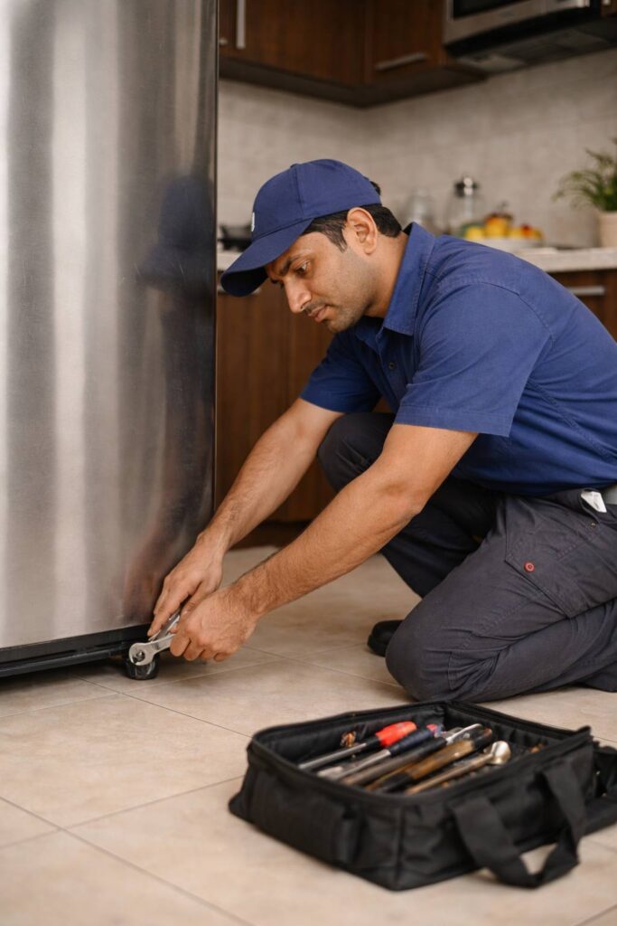 Indian refrigerator repair technician adjusting fridge leveling leg on kitchen tile floor in Hyderabad home