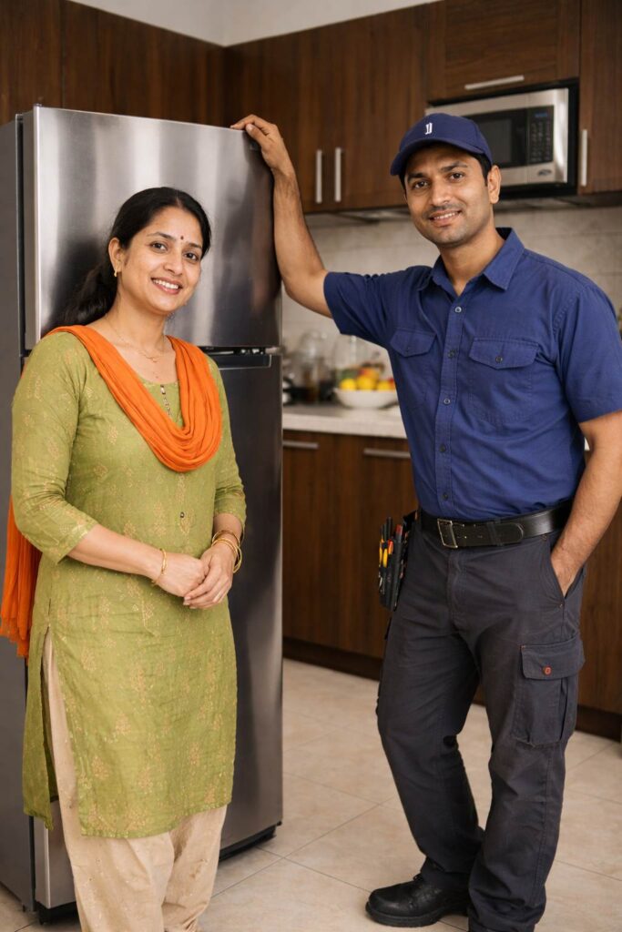 Smiling Indian homeowner with refrigerator repair technician after successful fridge service in Hyderabad