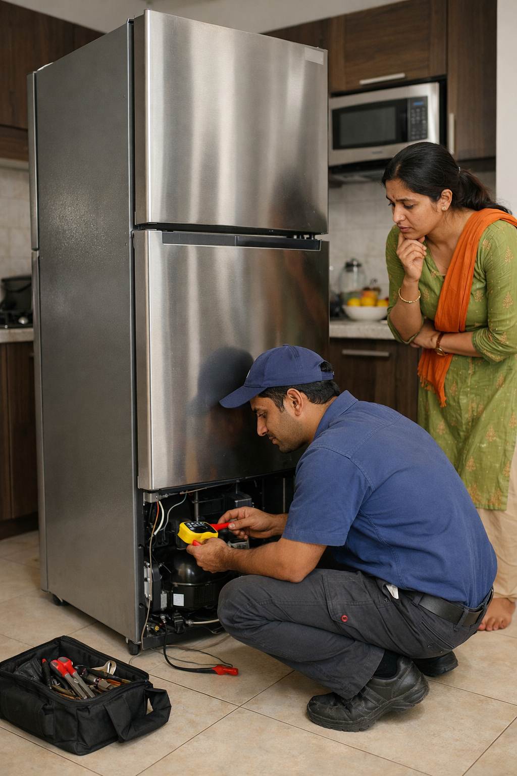 Indian refrigerator repair technician inspecting vibrating double door fridge compressor in Hyderabad apartment kitchen