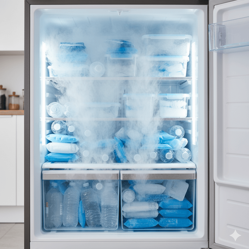 Person keeping fridge door closed during a power cut to maintain cooling.
