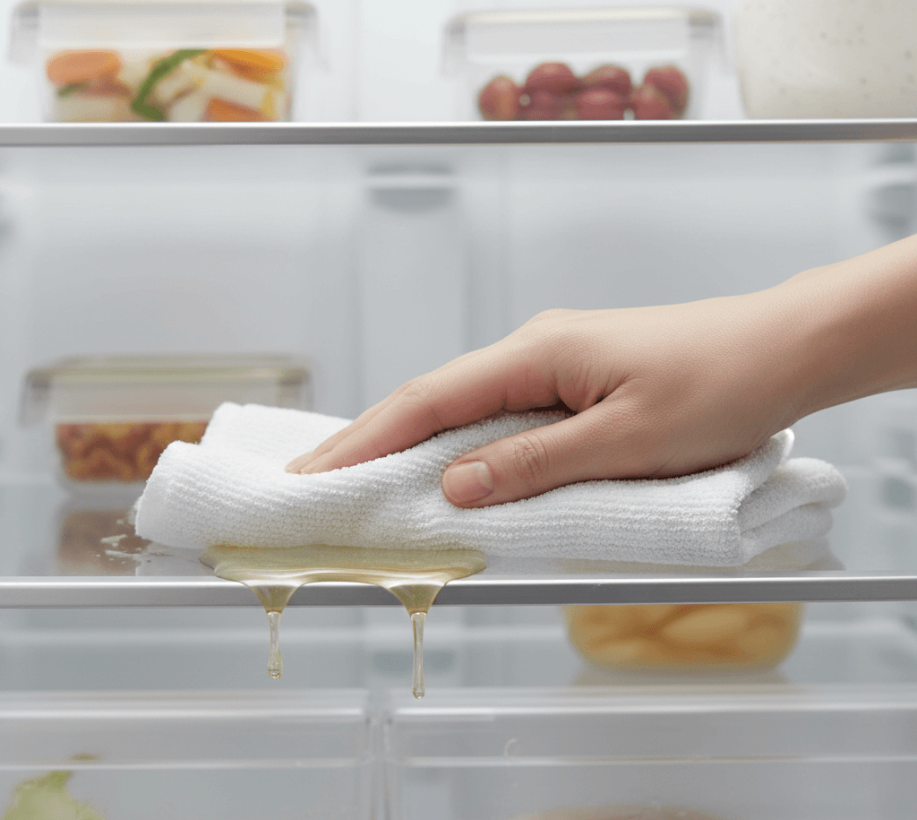 Wiping a refrigerator shelf spill to keep the fridge hygienic and odor-free.