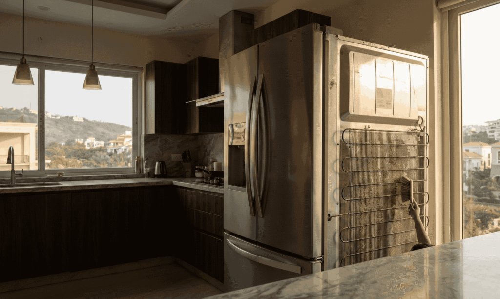 hyderabad technician cleaning the refrigerator condenser coil to improve cooling performance”