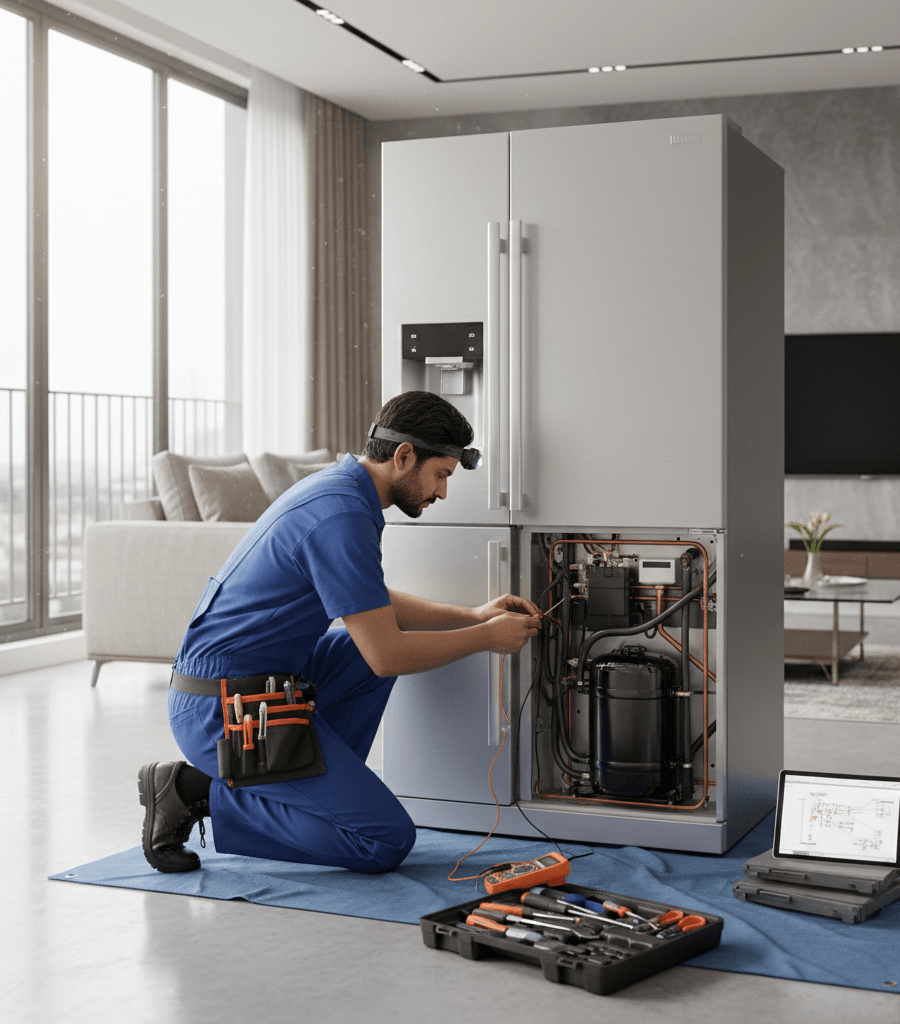 refrigerator compressor area in a luxury Kolkata apartment kitchen