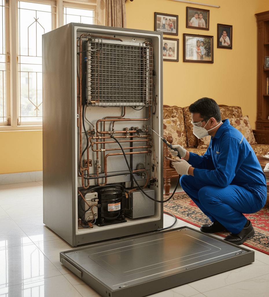 refrigerator back side showing compressor area in a Hyderabad luxury home
