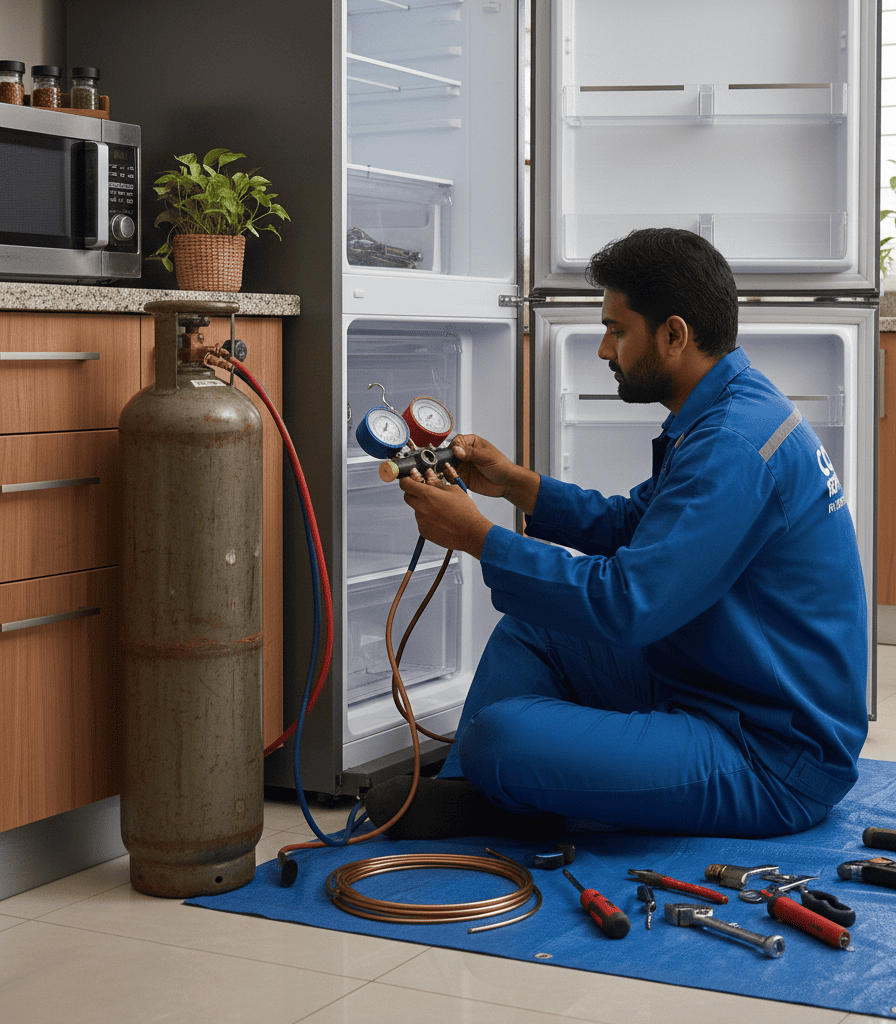 Professional fridge gas refill service being done by expert technician in Hyderabad