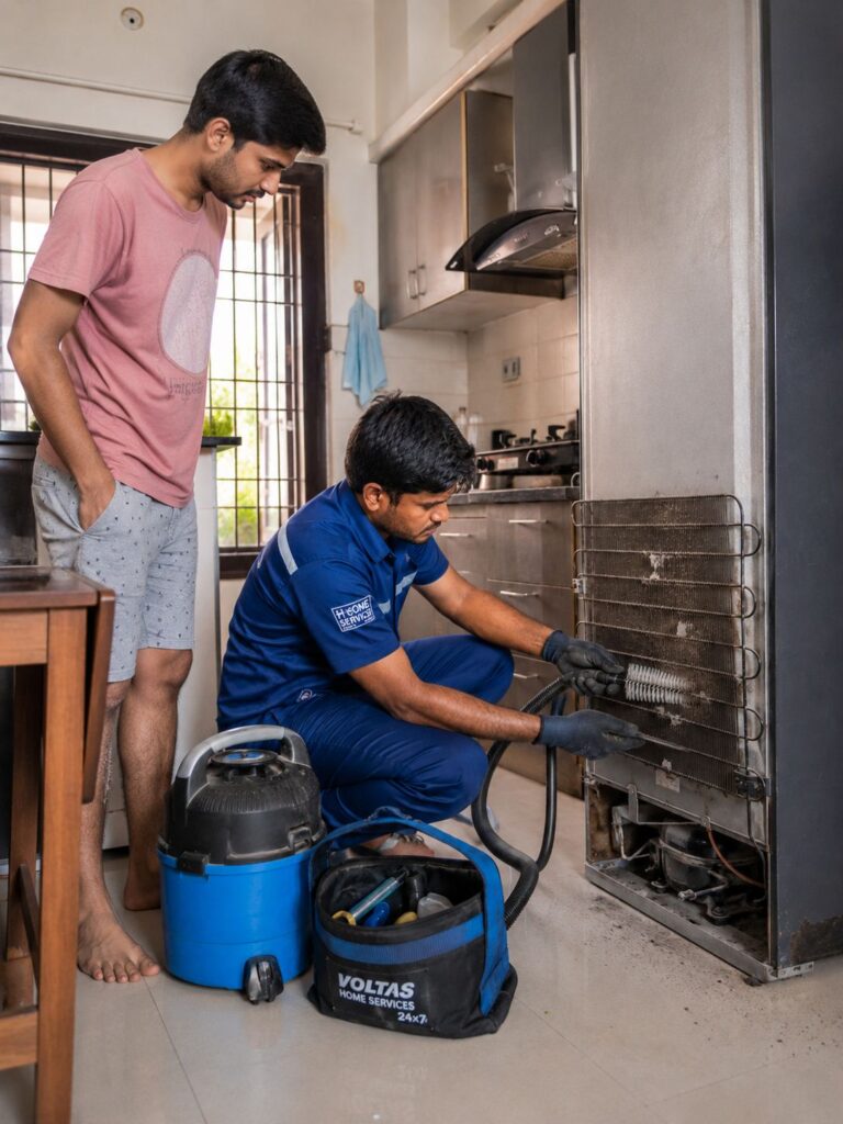 Professional refrigerator maintenance and condenser coil cleaning service in Hyderabad apartment