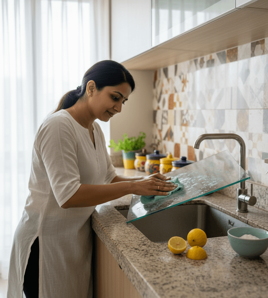 A person cleaning refrigerator shelves using natural cleaners like baking soda and lemon inside a modern Hyderabad kitchen.