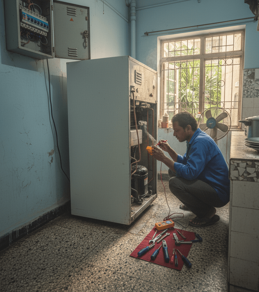 Technician checking a refrigerator compressor for internal electrical faults.