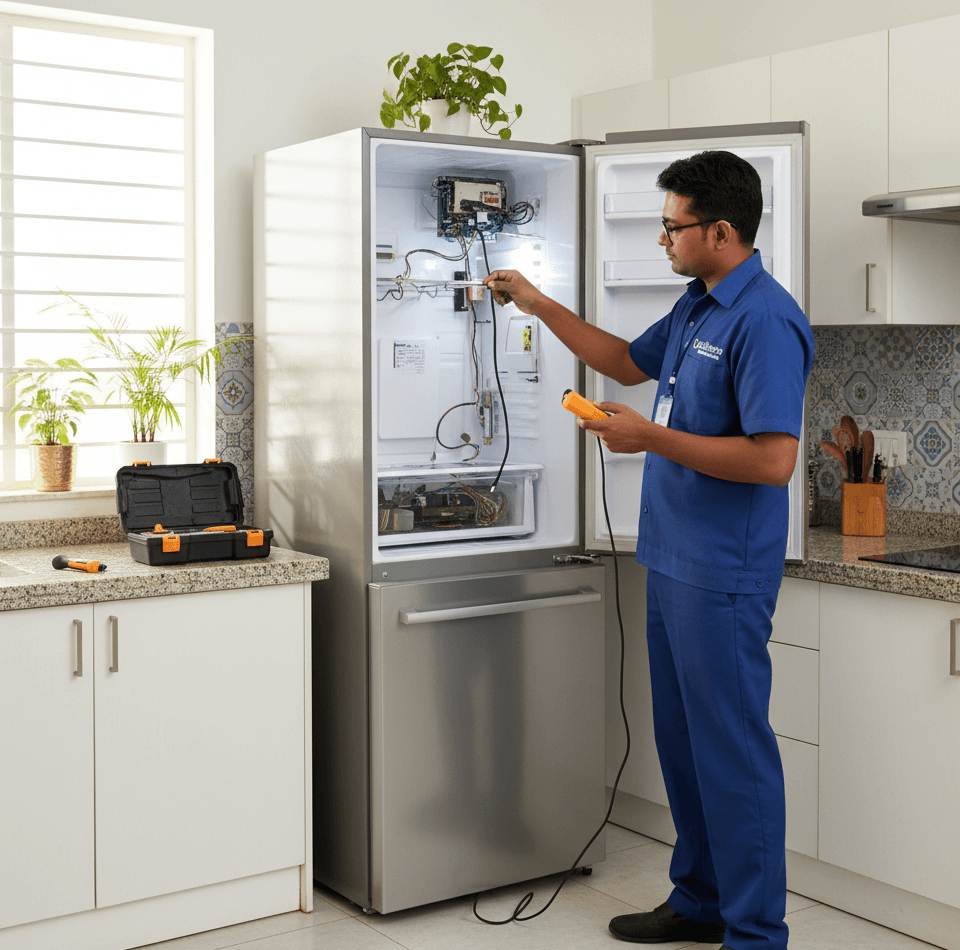 Technician repairing refrigerator inside Kolkata apartment kitchen