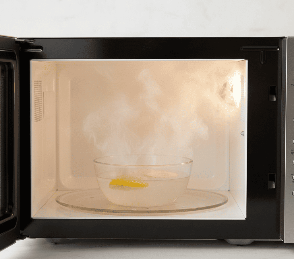 Vinegar and water solution steaming inside a microwave to remove grease and stains.