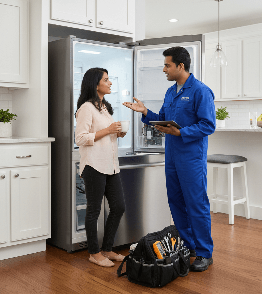 Professional fridge service team providing doorstep repair