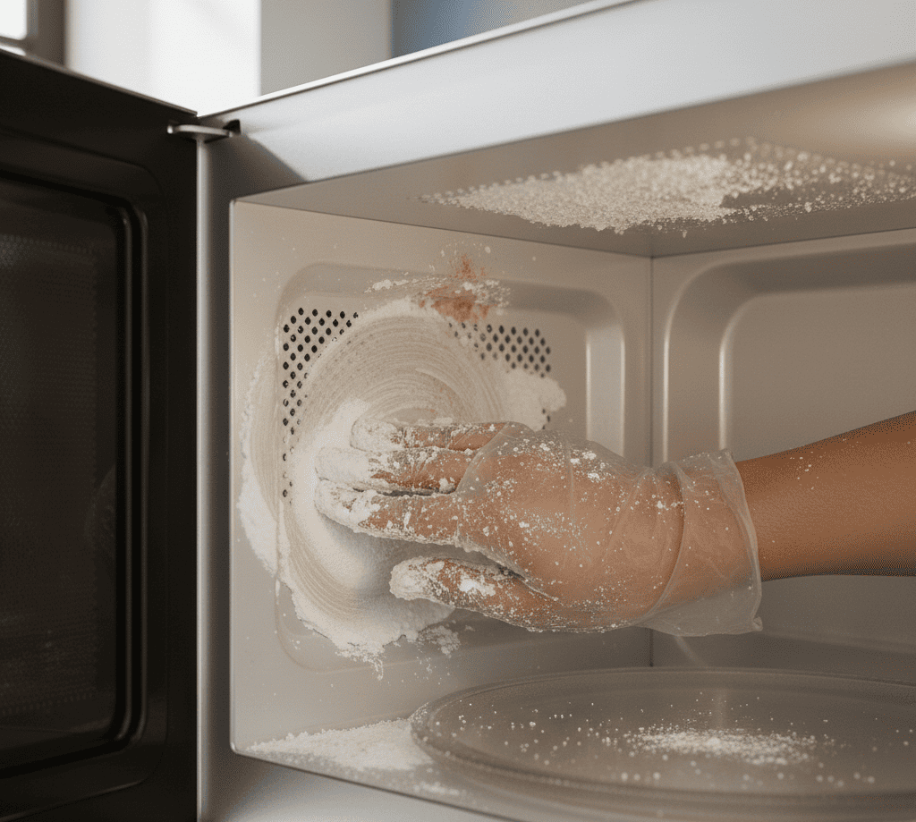 Lemon steam method used to clean microwave safely in a Hyderabad kitchen.