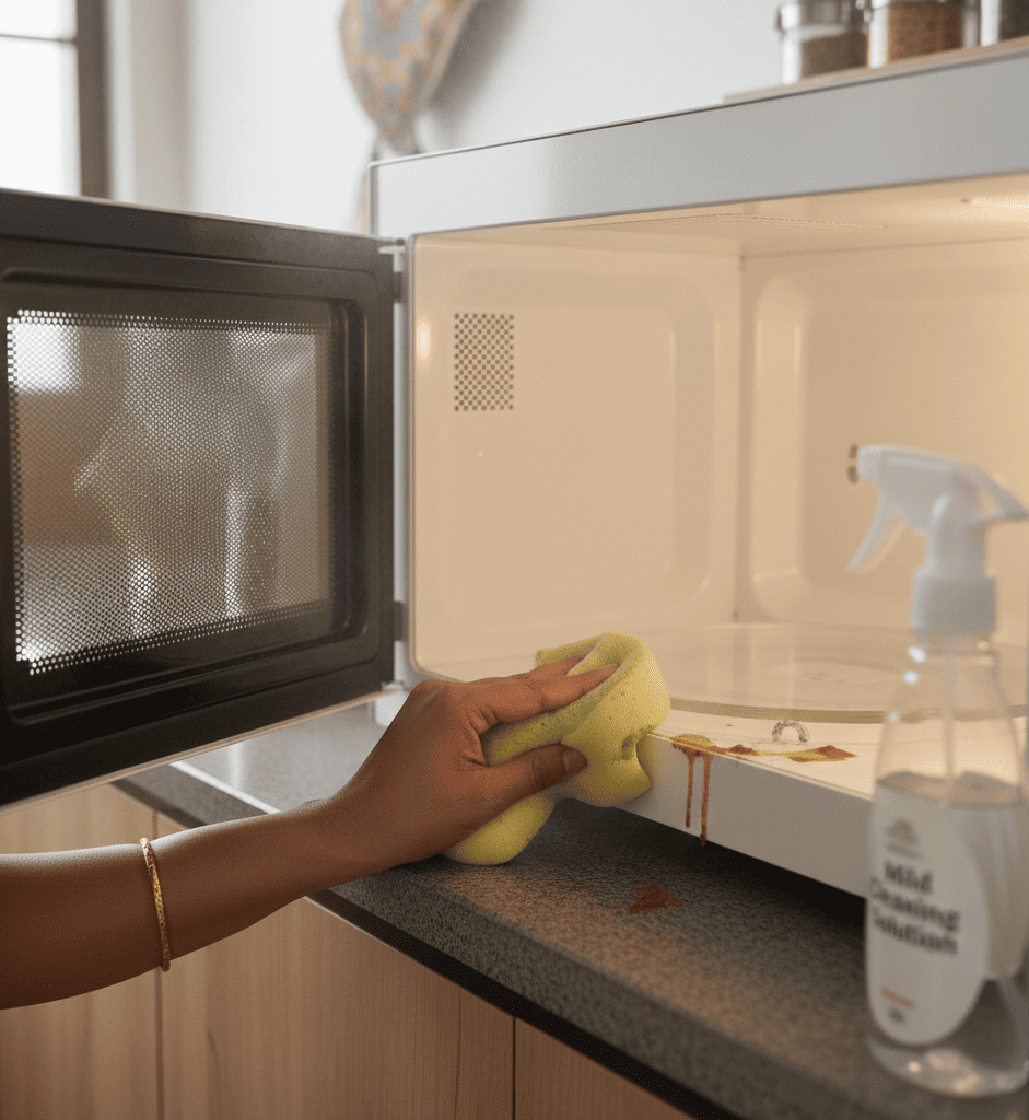 Cleaning food spills inside a microwave oven to avoid rust damage