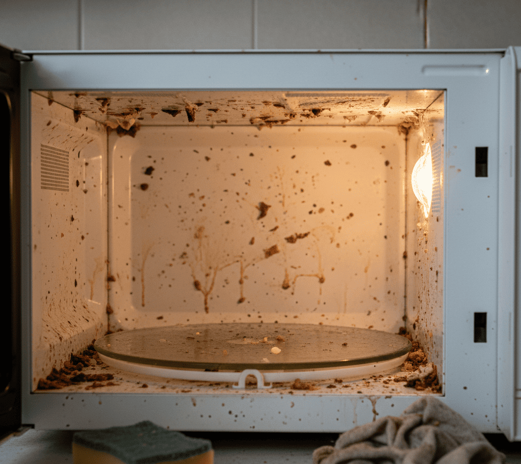 Dirty microwave interior caused by lack of regular cleaning in Kolkata households