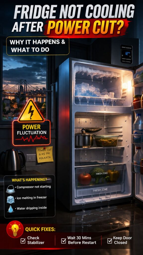 Refrigerator not cooling after power cut in Kolkata ice melting inside freezer