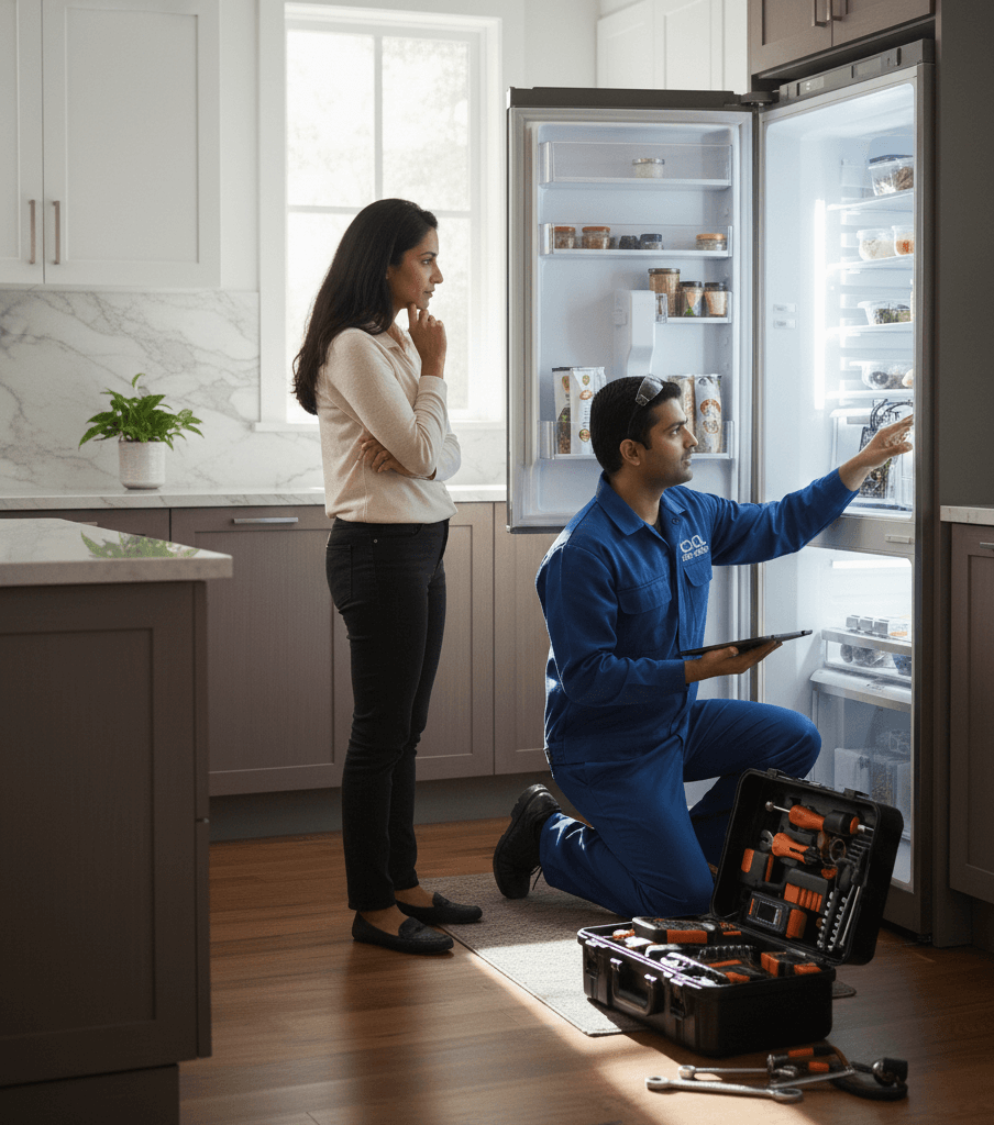 Professional fridge repair technician fixing a refrigerator in a Kolkata home