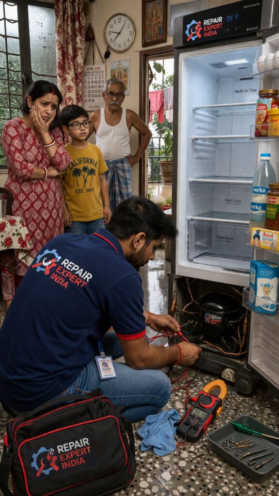 Fridge repair service in Kolkata after power cut technician fixing refrigerator not cooling