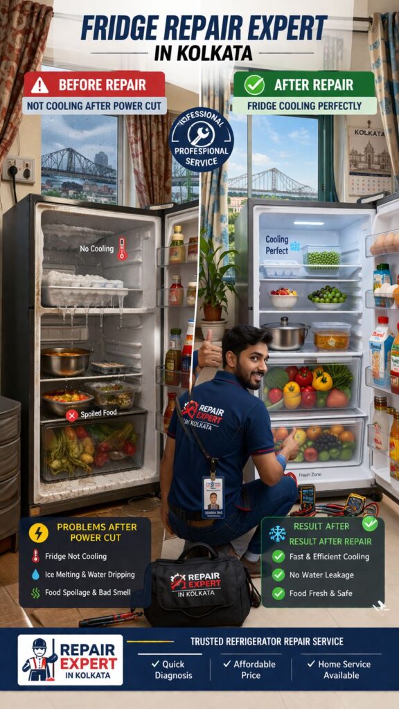 Before and after fridge repair in Kolkata showing cooling restored after power cut