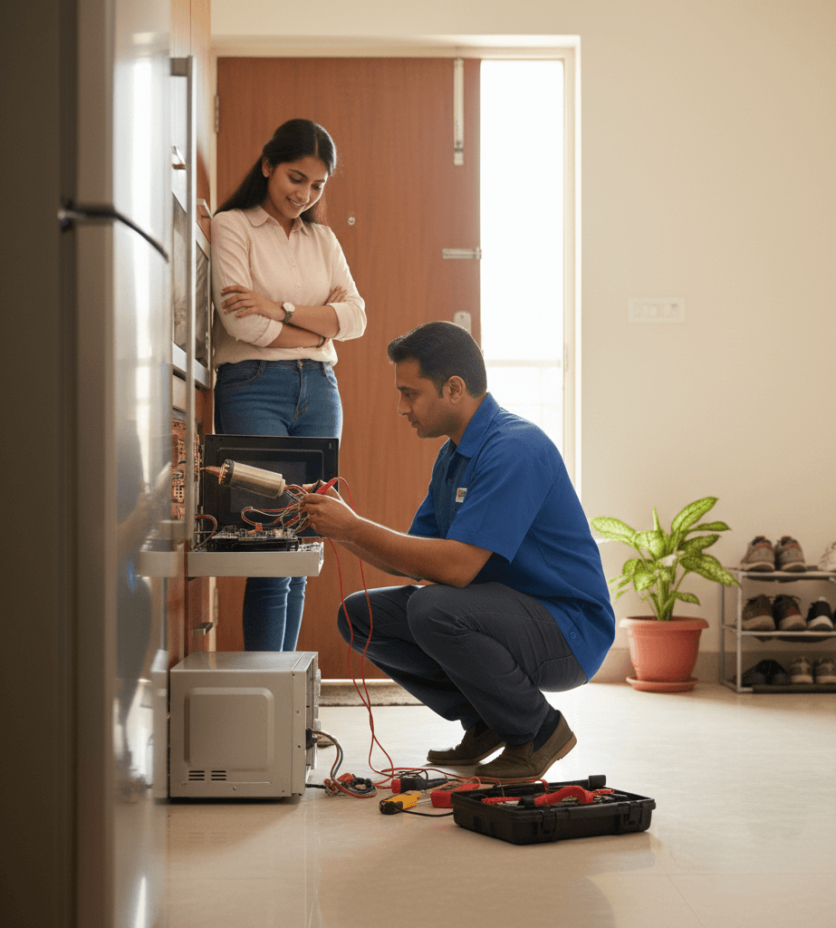 Doorstep microwave oven repair service at a residential home in Hyderabad